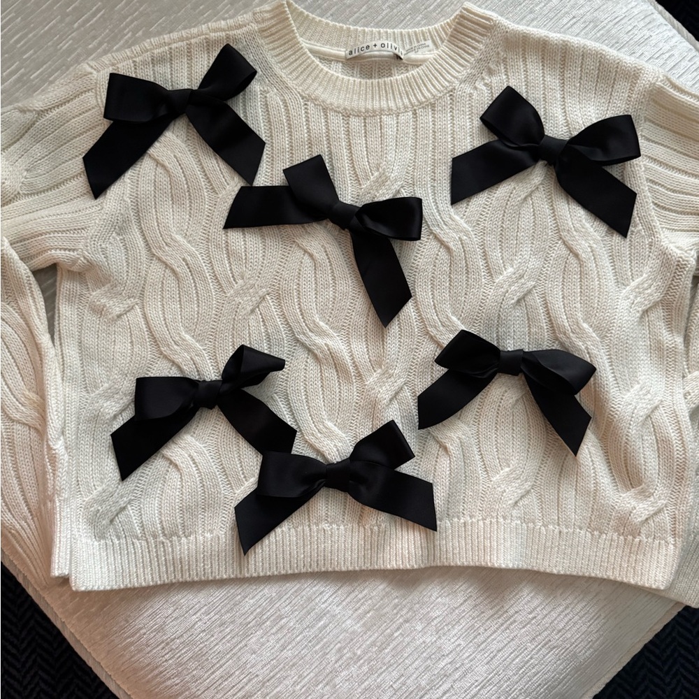 Alice + Olivia Black and White Crew Neck Sweater with Decorative Bows